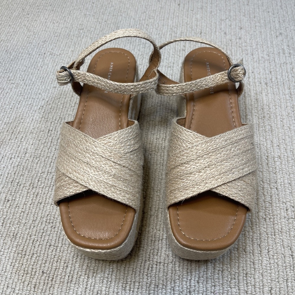 American Eagle Women's 7 Jute Flatform Platform Ankle Strap Sandals Natural New